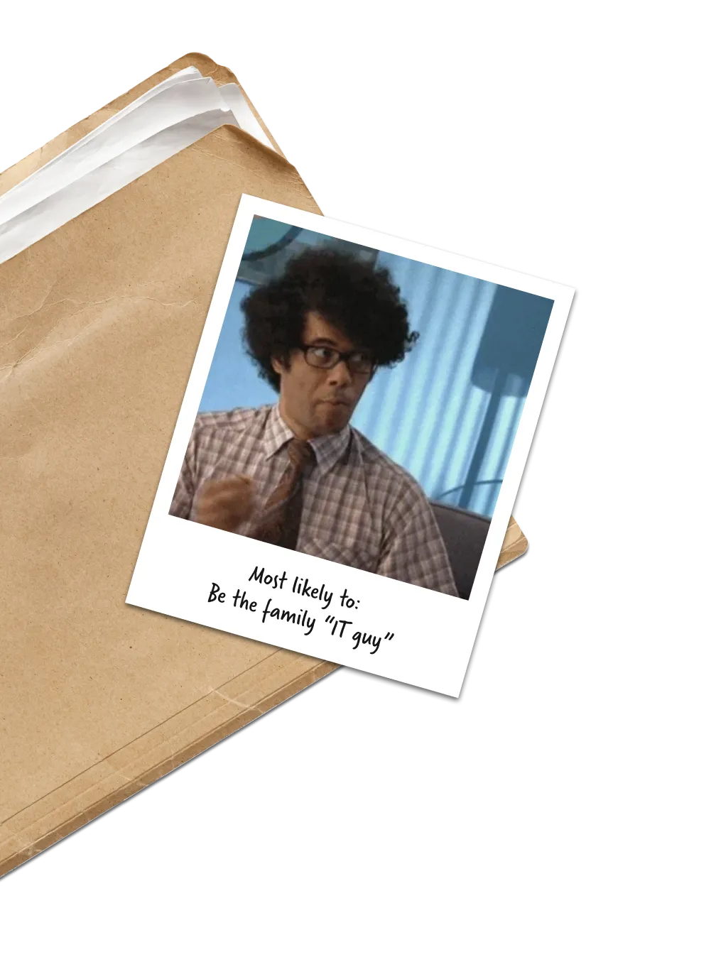 Animated GIF of techy guy on top of document folder